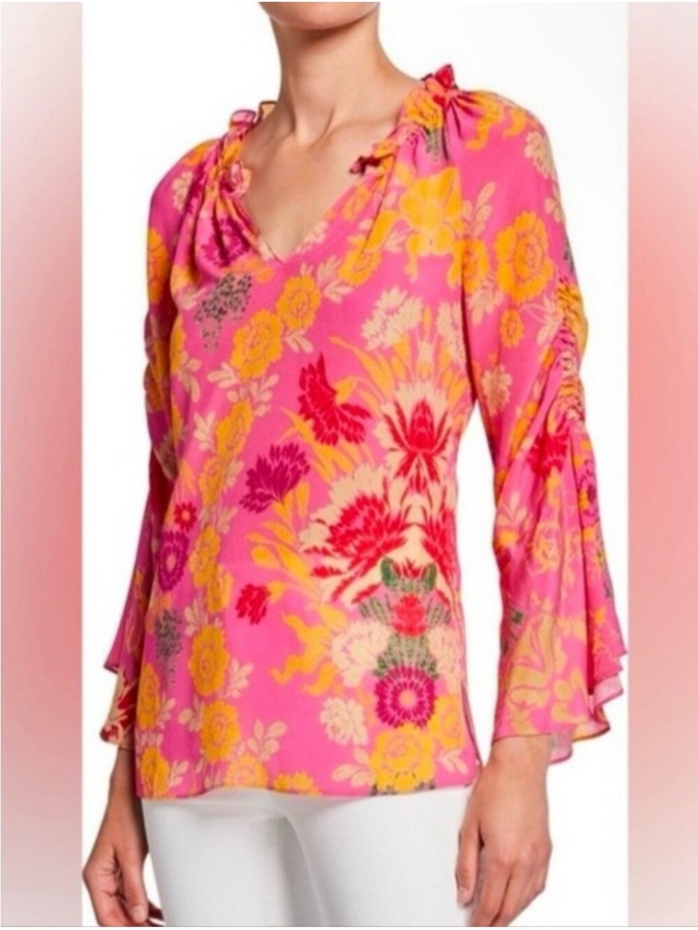 Kobi Halperin Pink & Yellow Floral Silk Blouse- Size Small